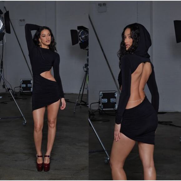 A VINTAGE FIT | Hooded Cut Out Dress in Black Mini Gothic Backless S - Picture 1 of 15